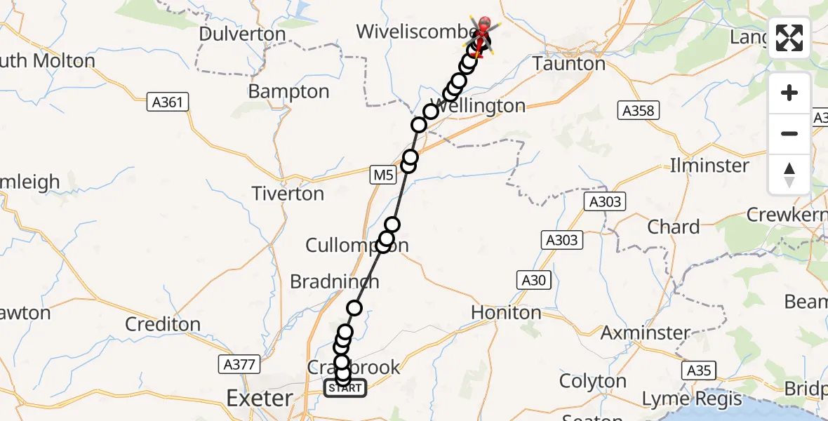 Flight route Air Ambulance Helicopter Exeter International Airport - Halse, 07 October 2026, 10:20