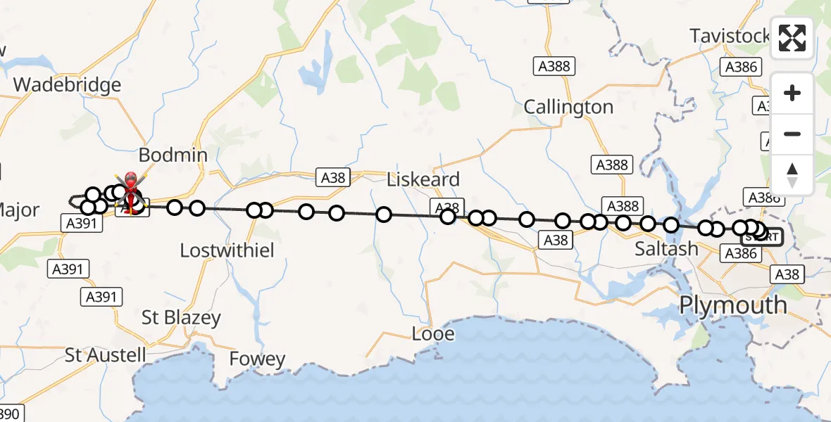 Flight route Air Ambulance Helicopter Derriford Hospital - Lanivet, 07 October 2026, 10:22