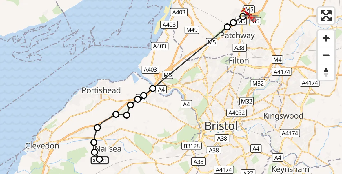 Flight route Air Ambulance Helicopter Bristol - Almondsbury Helicopter Base, 07 October 2026, 10:42