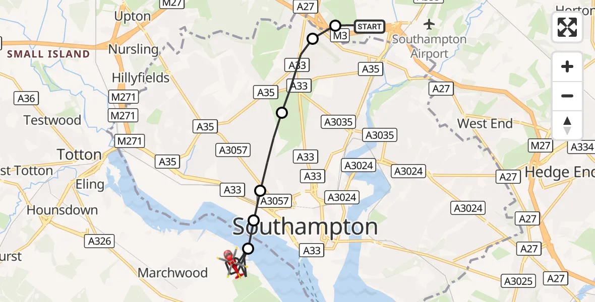 Flight route Air Ambulance Helicopter Chilworth - New Forest, 07 October 2026, 10:49