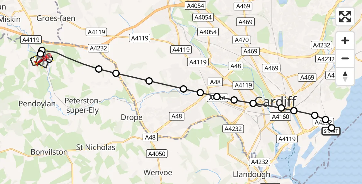 Flight route Air Ambulance Helicopter Cardiff Heliport - Pendoylan, 07 October 2026, 10:50