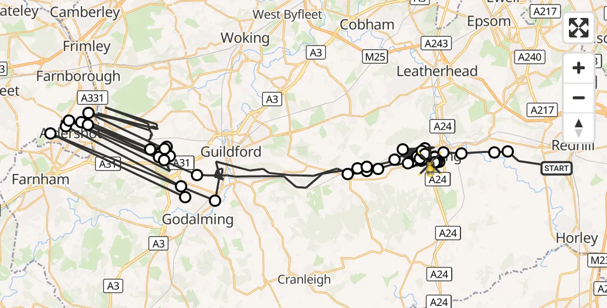 Flight route Police Helicopter Reigate - Dorking, 07 October 2026, 10:55