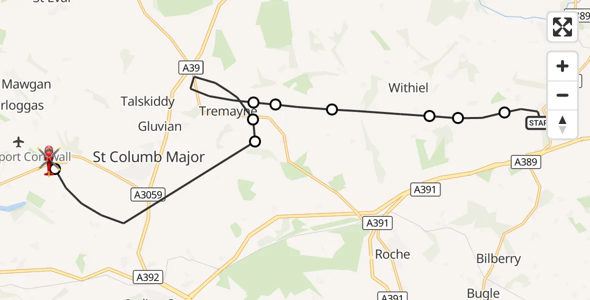 Flight route Air Ambulance Helicopter Lanivet - Cornwall Airport Newquay, 07 October 2026, 11:33