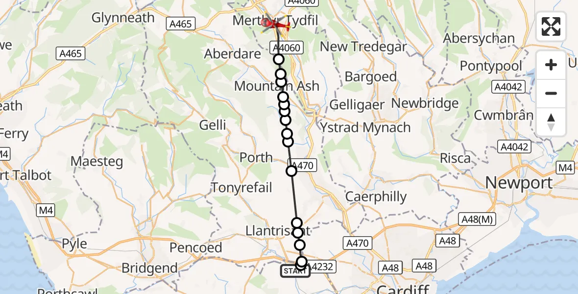 Flight route Air Ambulance Helicopter Pendoylan - Merthyr Tydfil, 07 October 2026, 11:36