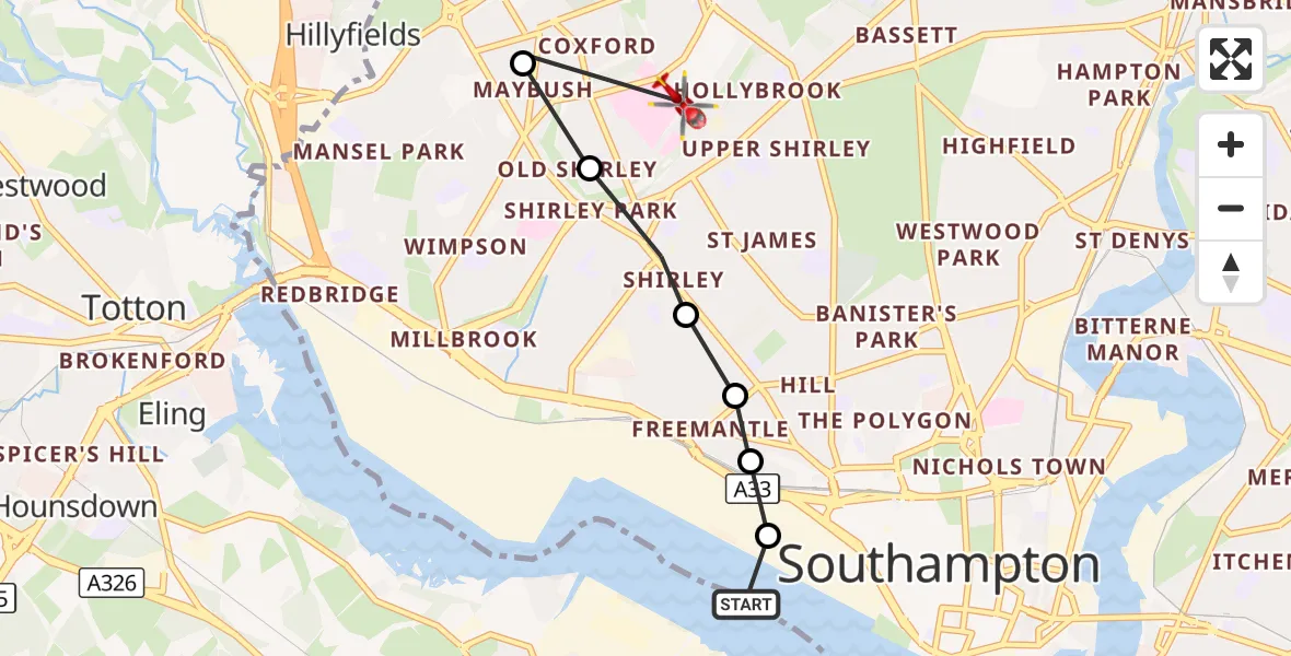 Flight route Air Ambulance Helicopter New Forest - University Hospital Southampton, 07 October 2026, 11:36