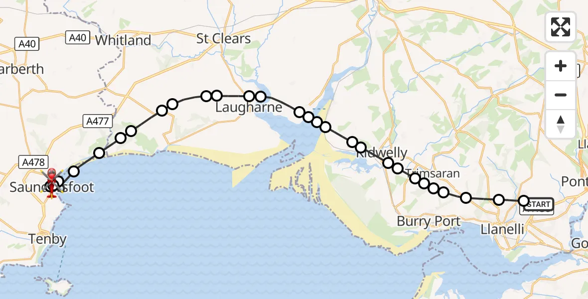 Flight route Air Ambulance Helicopter Dafen - Saundersfoot, 07 October 2026, 11:48