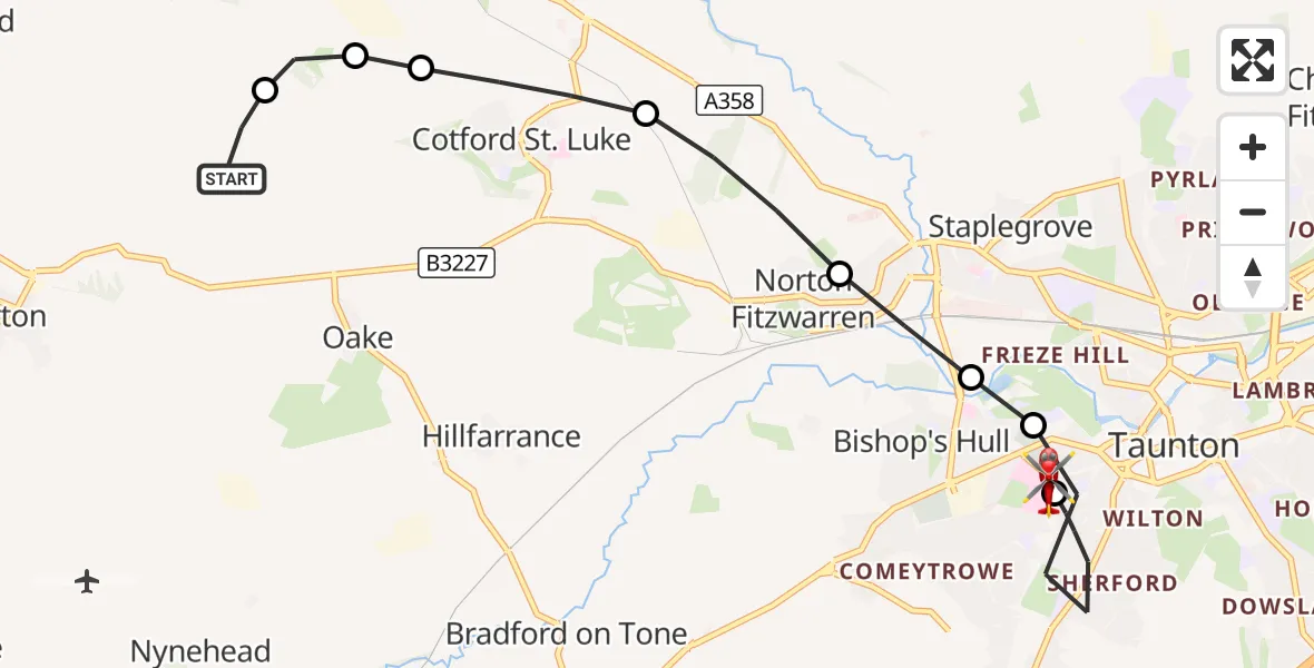 Flight route Air Ambulance Helicopter Halse - Musgrove Hospital, 07 October 2026, 11:58
