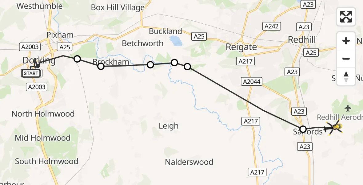 Flight route Police Helicopter Dorking - Tandridge, 07 October 2026, 12:05