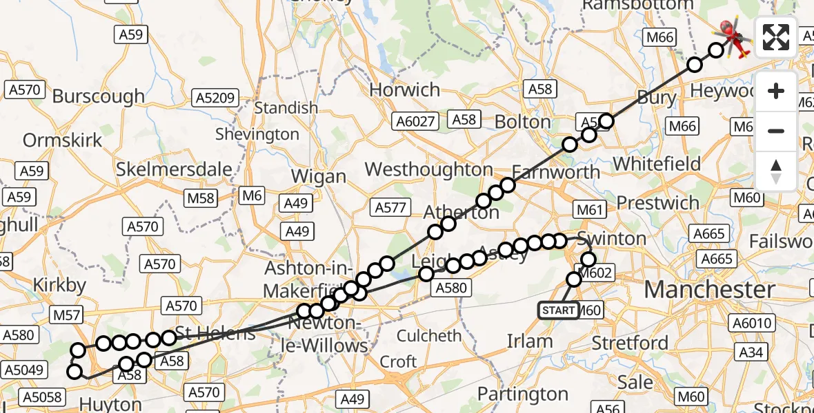 Flight route Air Ambulance Helicopter Manchester Barton Aerodrome - Rochdale, 07 October 2026, 12:07