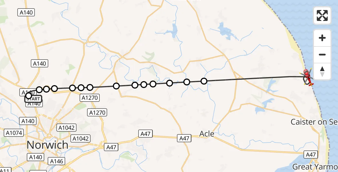 Flight route Air Ambulance Helicopter Norwich Airport - Great Yarmouth, 07 October 2026, 12:18