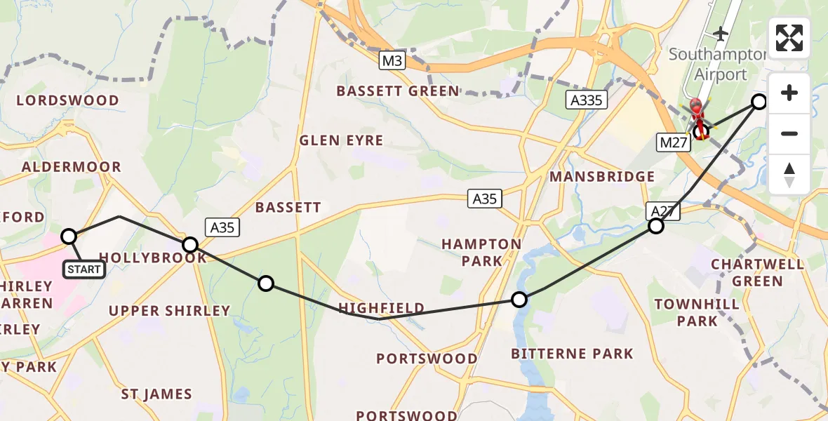 Flight route Air Ambulance Helicopter University Hospital Southampton - Southampton Airport, 07 October 2026, 12:27