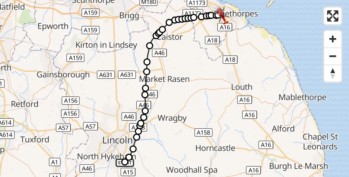Flight route Air Ambulance Helicopter RAF Waddington - Grimsby, 07 October 2026, 12:29