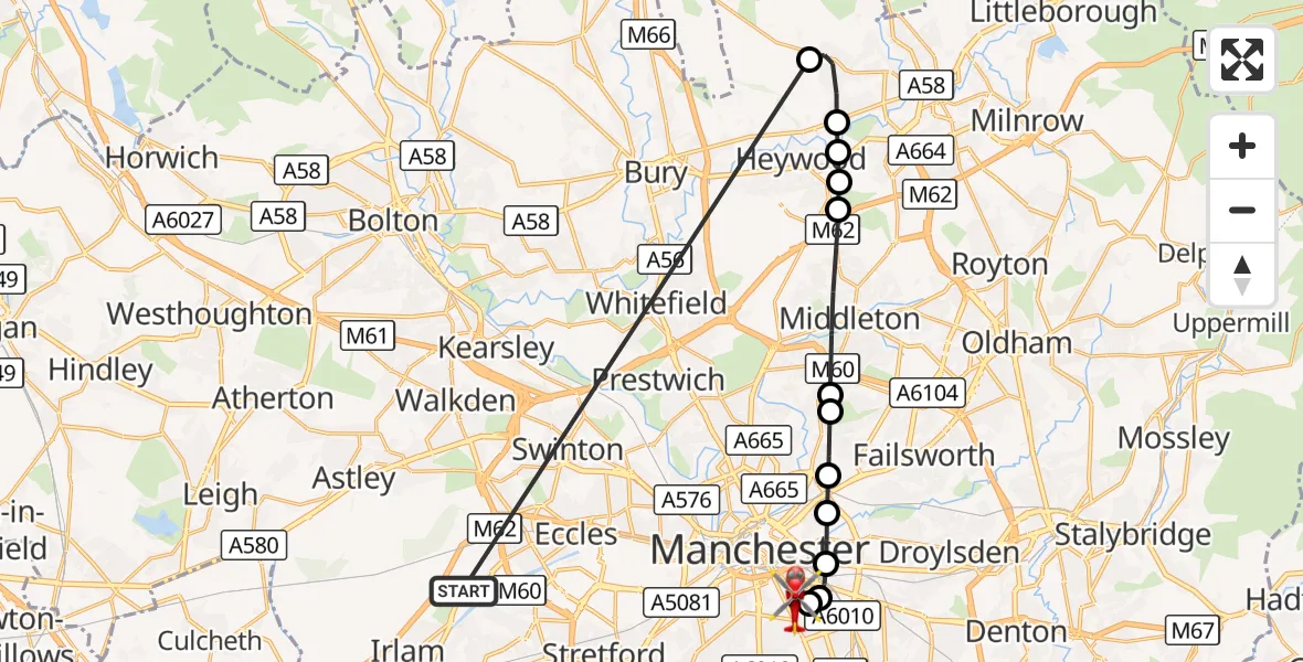 Flight route Air Ambulance Helicopter Manchester Barton Aerodrome - Chorlton-on-Medlock, 07 October 2026, 12:37