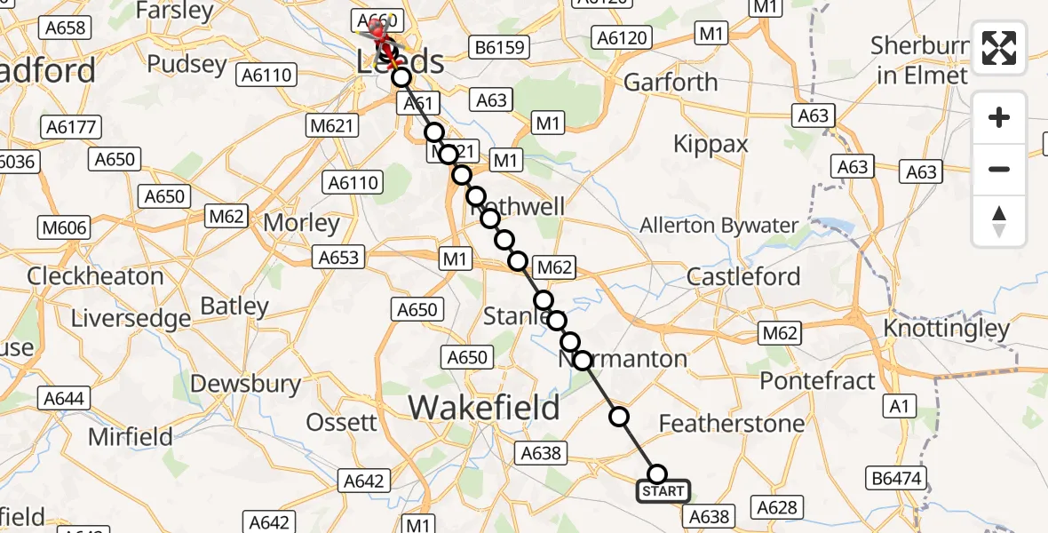 Flight route Air Ambulance Helicopter YAA Nostell Helicopter Port - Hyde Park, 07 October 2026, 12:38