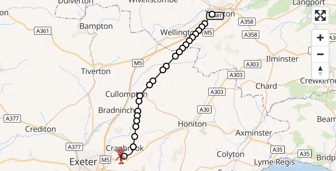 Flight route Air Ambulance Helicopter Musgrove Hospital - Exeter International Airport, 07 October 2026, 12:41