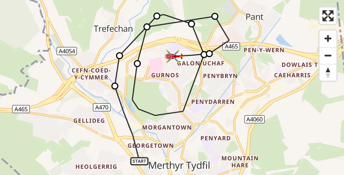 Flight route Air Ambulance Helicopter Merthyr Tydfil - Merthyr Tydfil, 07 October 2026, 12:42