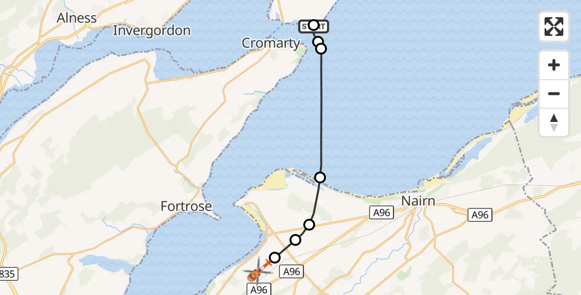 Flight route Coastguard Helicopter Cromarty - Inverness Airport, 07 October 2026, 12:43