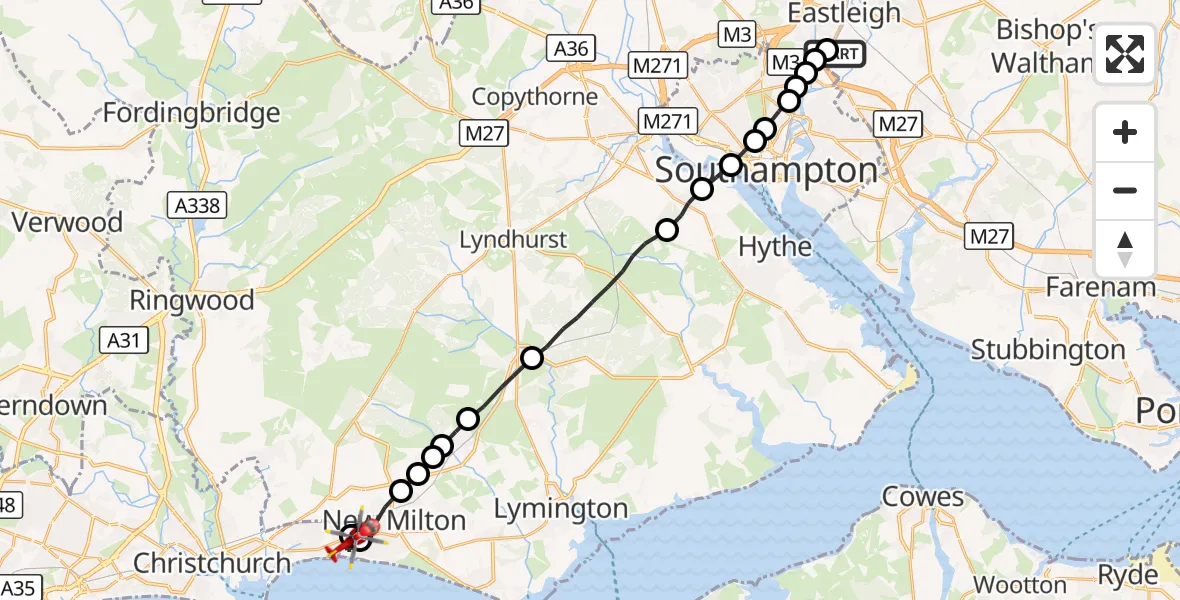 Flight route Air Ambulance Helicopter Southampton Airport - New Milton, 07 October 2026, 12:48