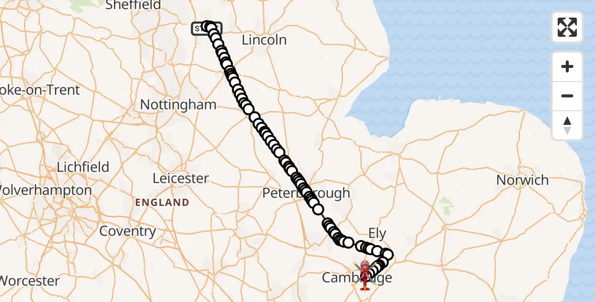 Flight route Air Ambulance Helicopter Retford Gamston Airport - Cambridge City Airport, 07 October 2026, 12:52