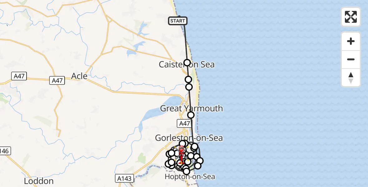 Flight route Air Ambulance Helicopter Great Yarmouth - James Paget Hospital, 07 October 2026, 13:07