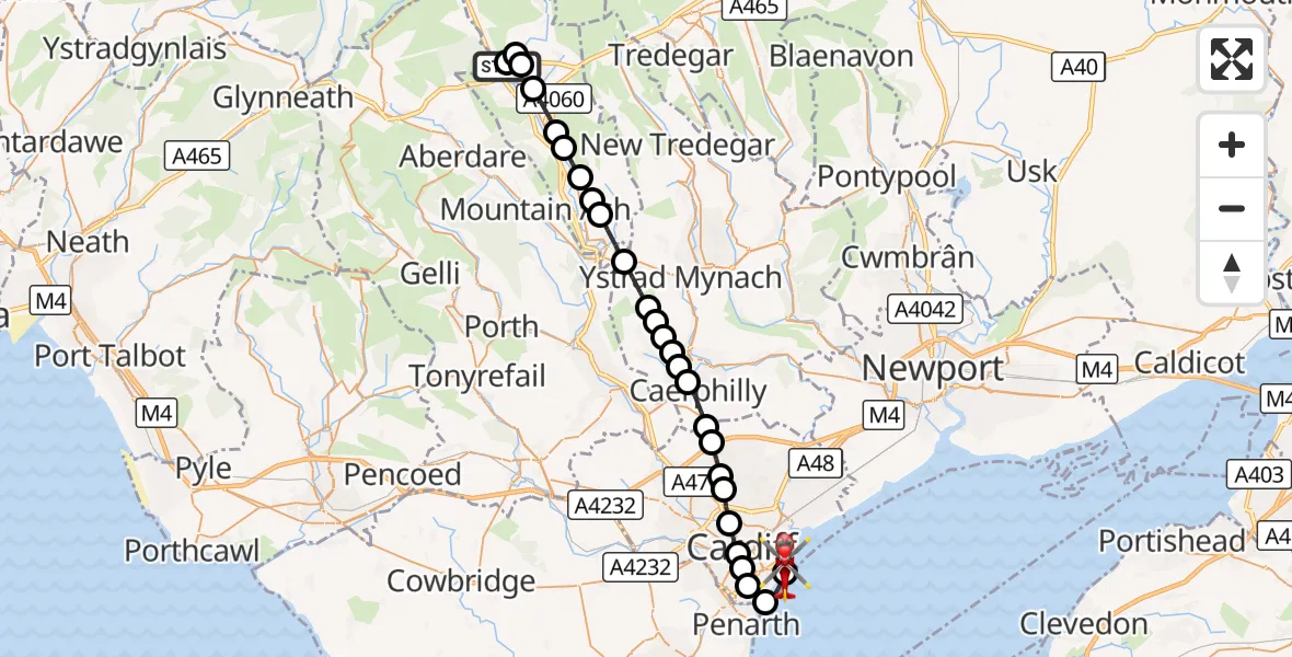 Flight route Air Ambulance Helicopter Trefechan - Cardiff Heliport, 07 October 2026, 13:07