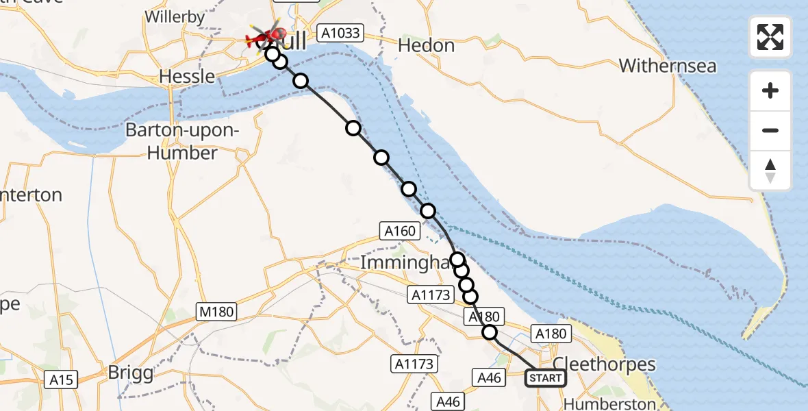 Flight route Air Ambulance Helicopter Grimsby - Hull Royal Infirmary, 07 October 2026, 13:32