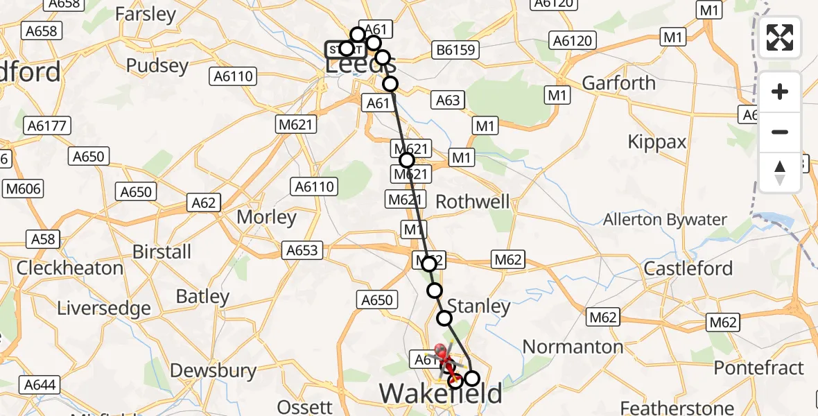 Flight route Air Ambulance Helicopter Woodhouse - Stanley, 07 October 2026, 13:48