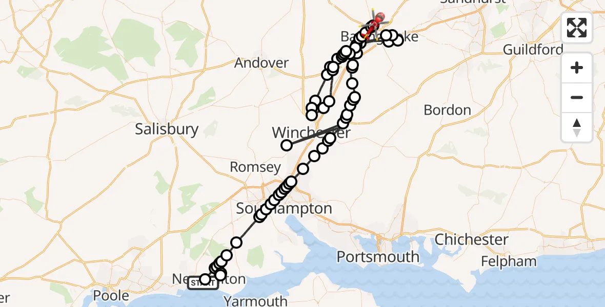 Flight route Air Ambulance Helicopter Highcliffe-on-Sea - Basingstoke, 07 October 2026, 13:50