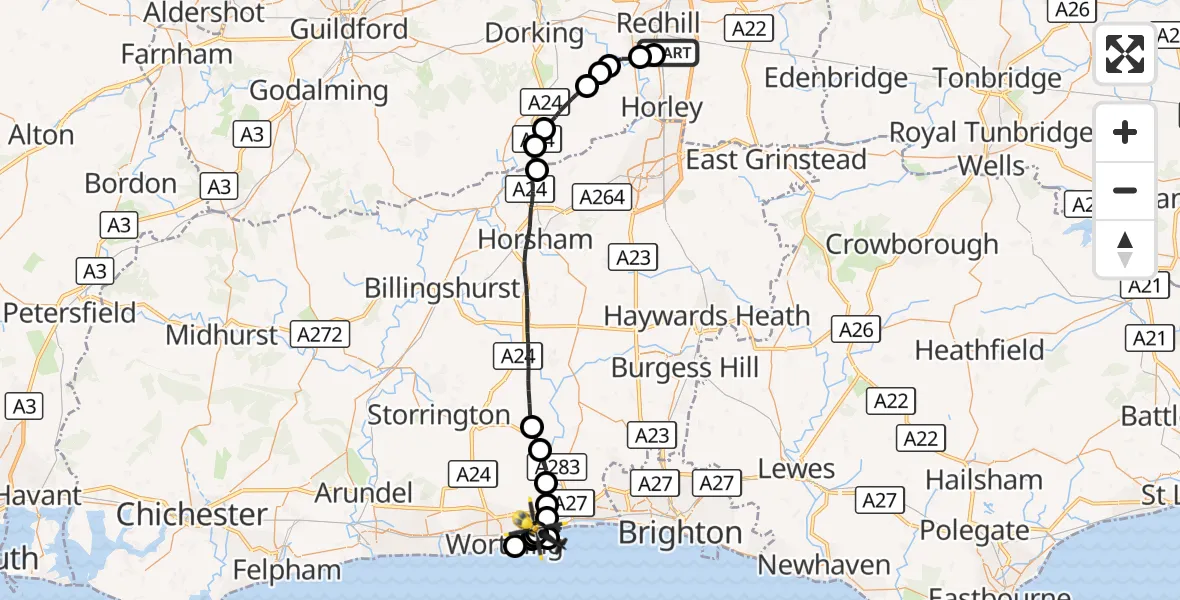 Flight route Police Helicopter Redhill - Shoreham-by-Sea, 07 October 2026, 13:52