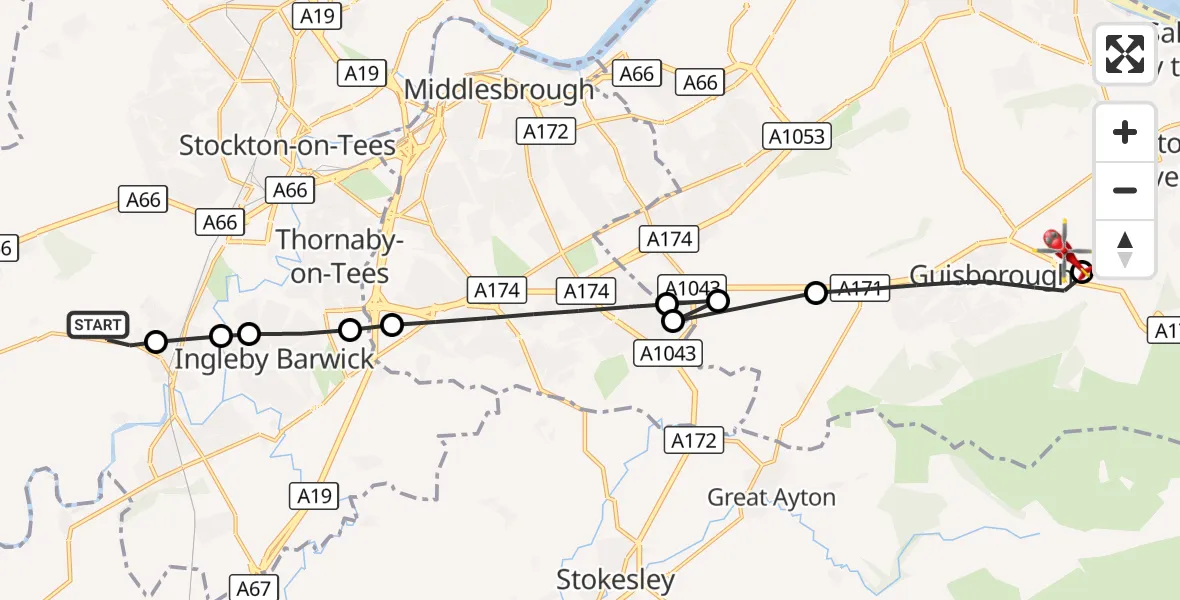 Flight route Air Ambulance Helicopter Egglescliffe - Guisborough, 07 October 2026, 14:01