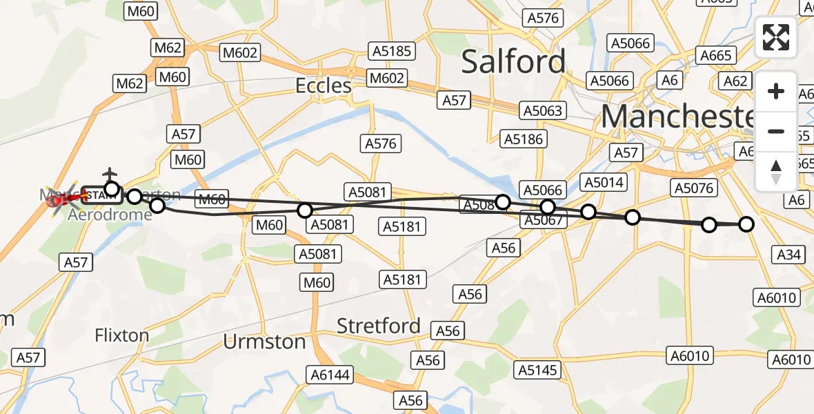 Flight route Air Ambulance Helicopter Manchester Barton Aerodrome - Irlam, 07 October 2026, 14:02