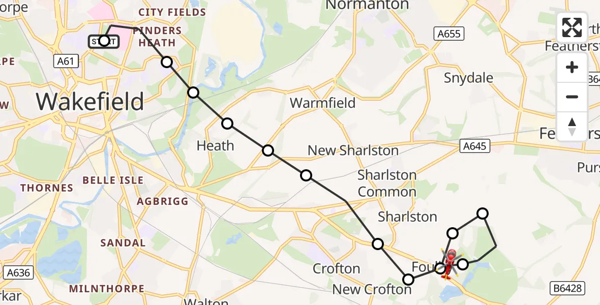 Flight route Air Ambulance Helicopter Newton Hill - YAA Nostell Helicopter Port, 07 October 2026, 14:04