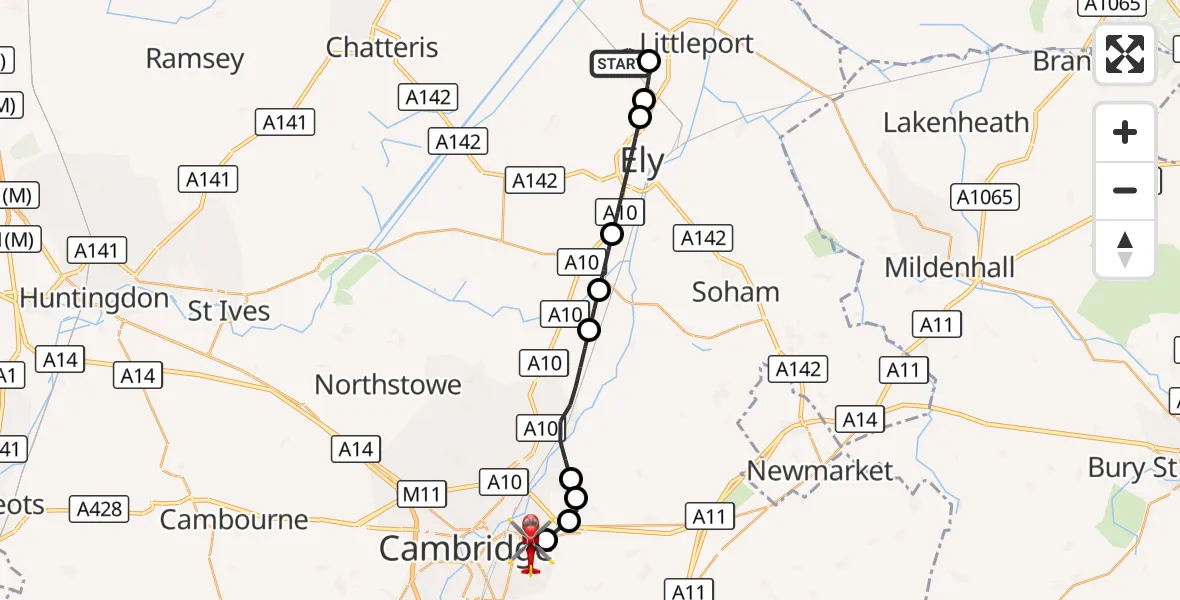 Flight route Air Ambulance Helicopter East Cambridgeshire - Cambridge City Airport, 07 October 2026, 14:08