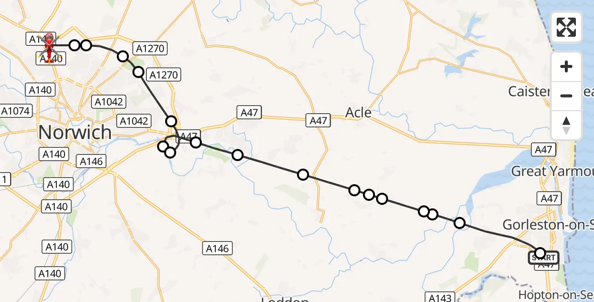 Flight route Air Ambulance Helicopter James Paget Hospital - Norwich Airport, 07 October 2026, 14:10