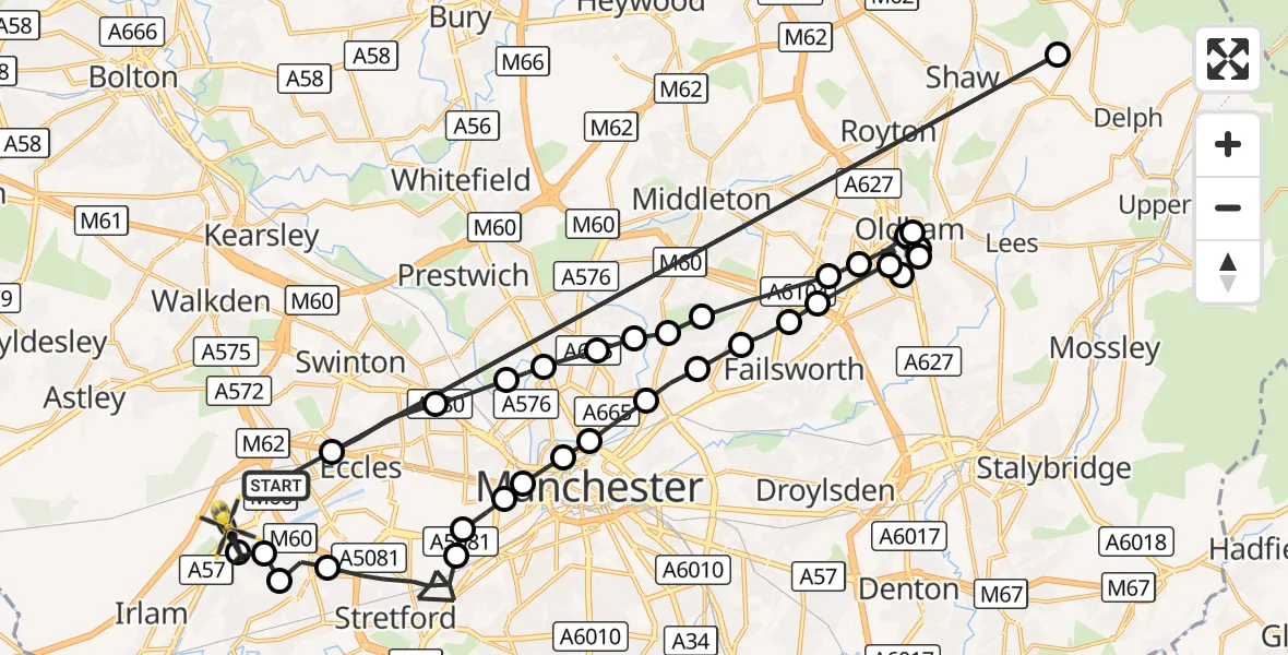 Flight route Police Helicopter Worsley - Manchester Barton Aerodrome, 07 October 2026, 14:13