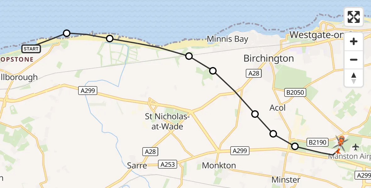 Flight route Coastguard Helicopter Hillborough - Manston Airport, 07 October 2026, 14:15