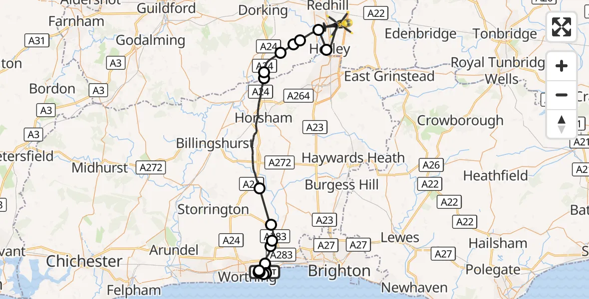 Flight route Police Helicopter Lancing - Tandridge, 07 October 2026, 14:20