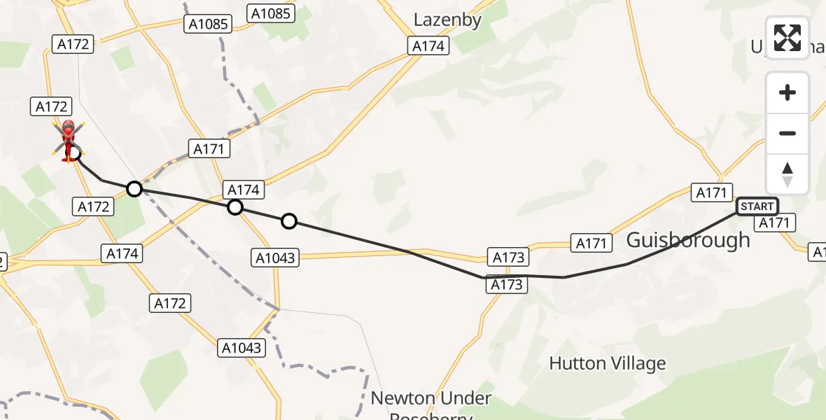Flight route Air Ambulance Helicopter Guisborough - James Cook University Hospital, 07 October 2026, 14:57