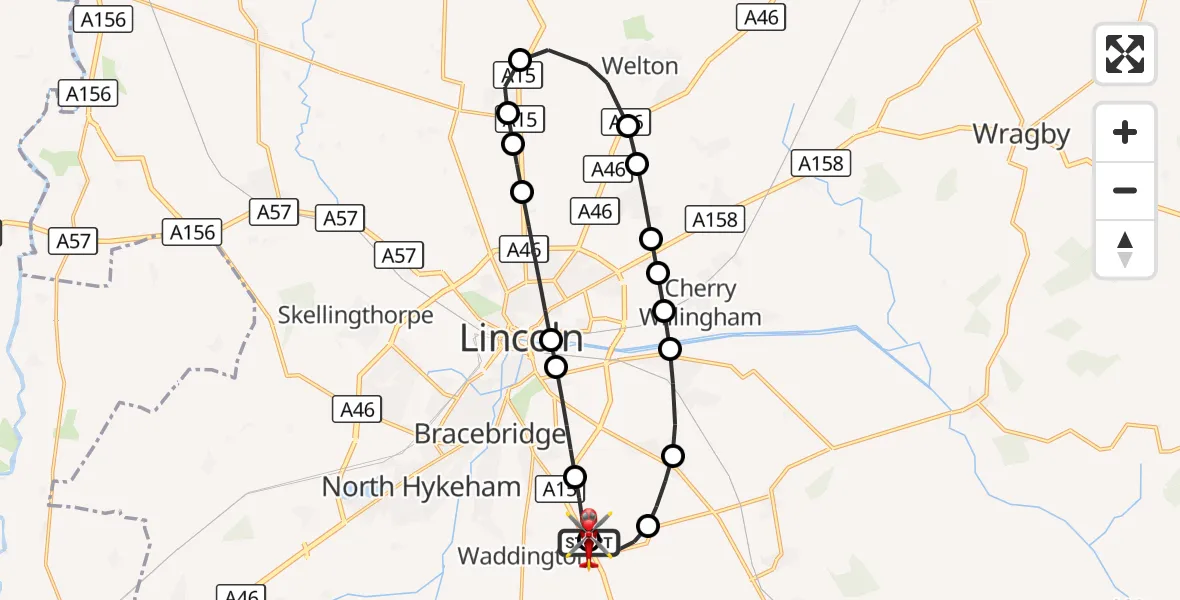Flight route Air Ambulance Helicopter RAF Waddington - North Kesteven, 07 October 2026, 14:58