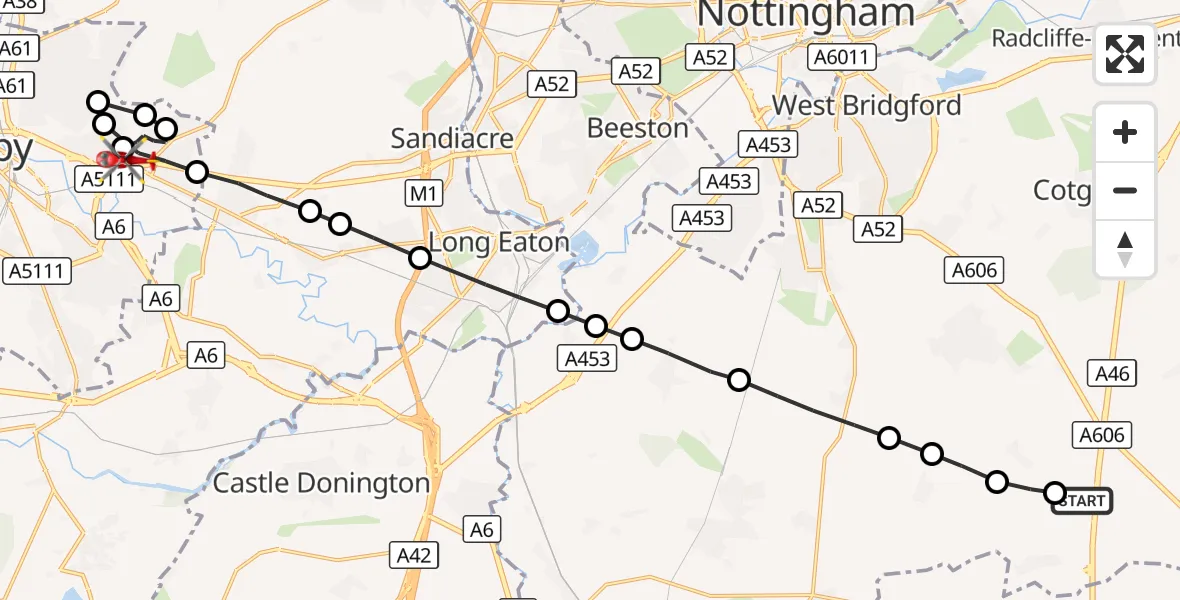 Flight route Air Ambulance Helicopter Willoughby on the Wolds - Spondon, 07 October 2026, 15:05