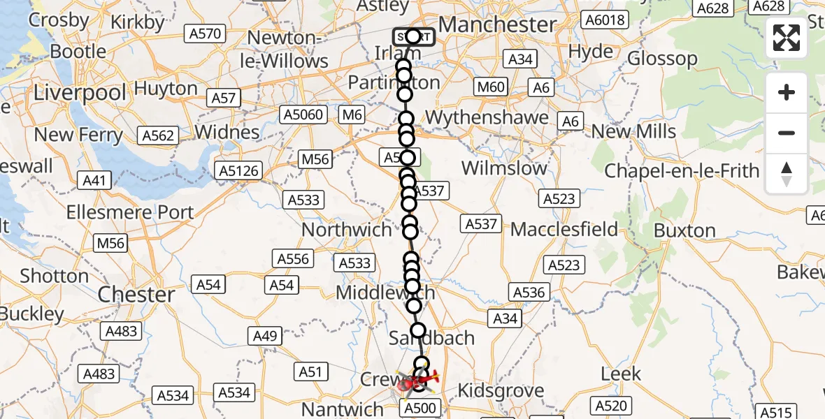 Flight route Air Ambulance Helicopter Manchester Barton Aerodrome - Haslington, 07 October 2026, 15:09
