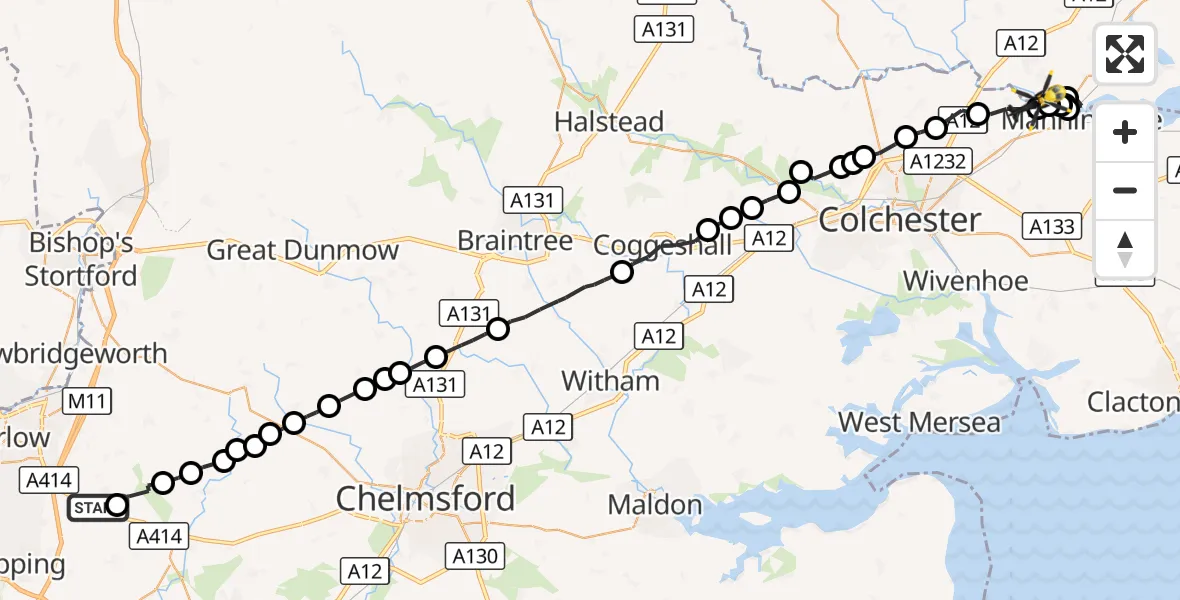 Flight route Police Helicopter North Weald Bassett - Lawford, 07 October 2026, 15:16