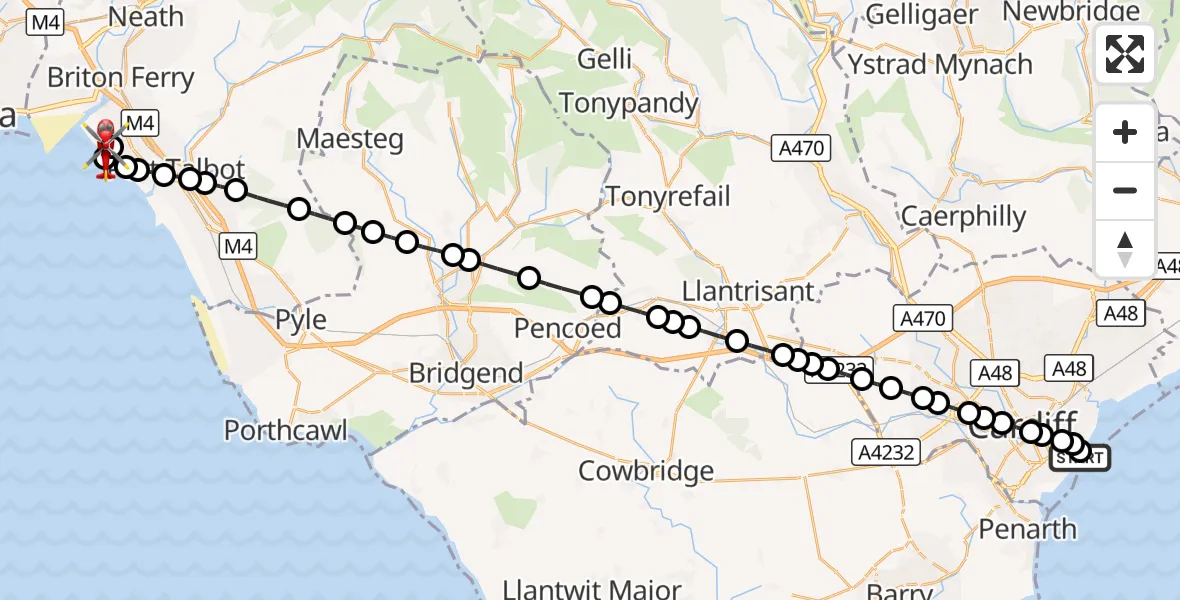 Flight route Air Ambulance Helicopter Cardiff Heliport - Sandfields, 07 October 2026, 15:30