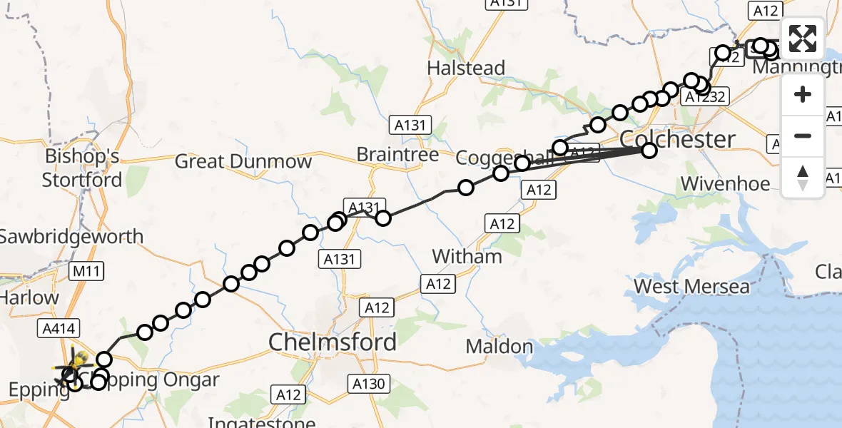 Flight route Police Helicopter East Bergholt - North Weald Bassett, 07 October 2026, 15:42