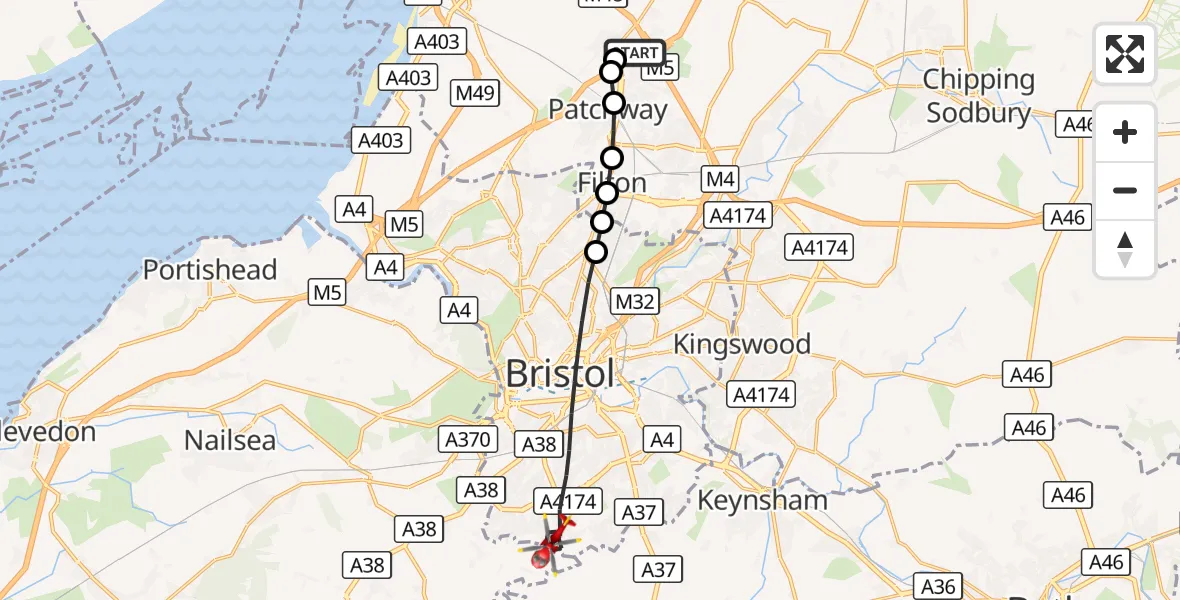 Flight route Air Ambulance Helicopter Almondsbury Helicopter Base - Bristol, 07 October 2026, 15:51