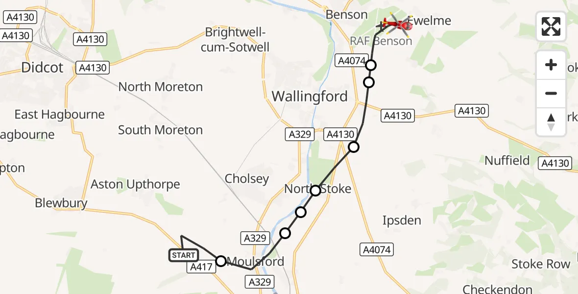 Flight route Air Ambulance Helicopter Cholsey - RAF Benson, 07 October 2026, 15:53