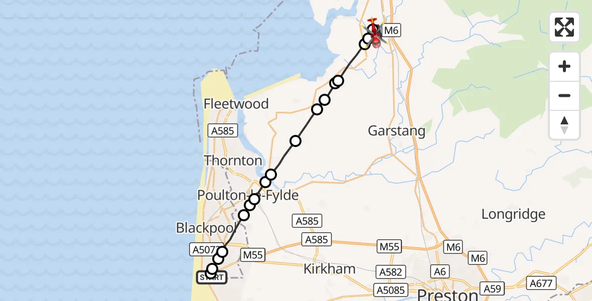 Flight route Air Ambulance Helicopter Blackpool Airport - Ellel, 07 October 2026, 16:02
