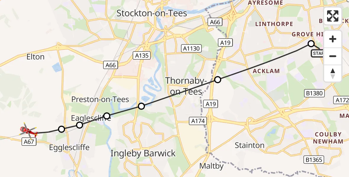 Flight route Air Ambulance Helicopter James Cook University Hospital - Egglescliffe, 07 October 2026, 16:03