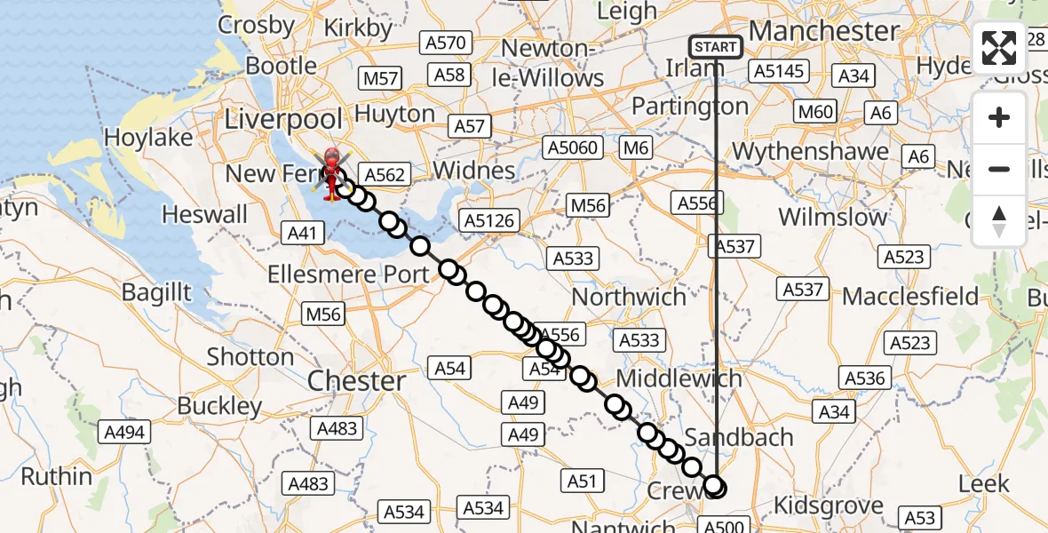 Flight route Air Ambulance Helicopter Manchester Barton Aerodrome - Grassendale, 07 October 2026, 16:07