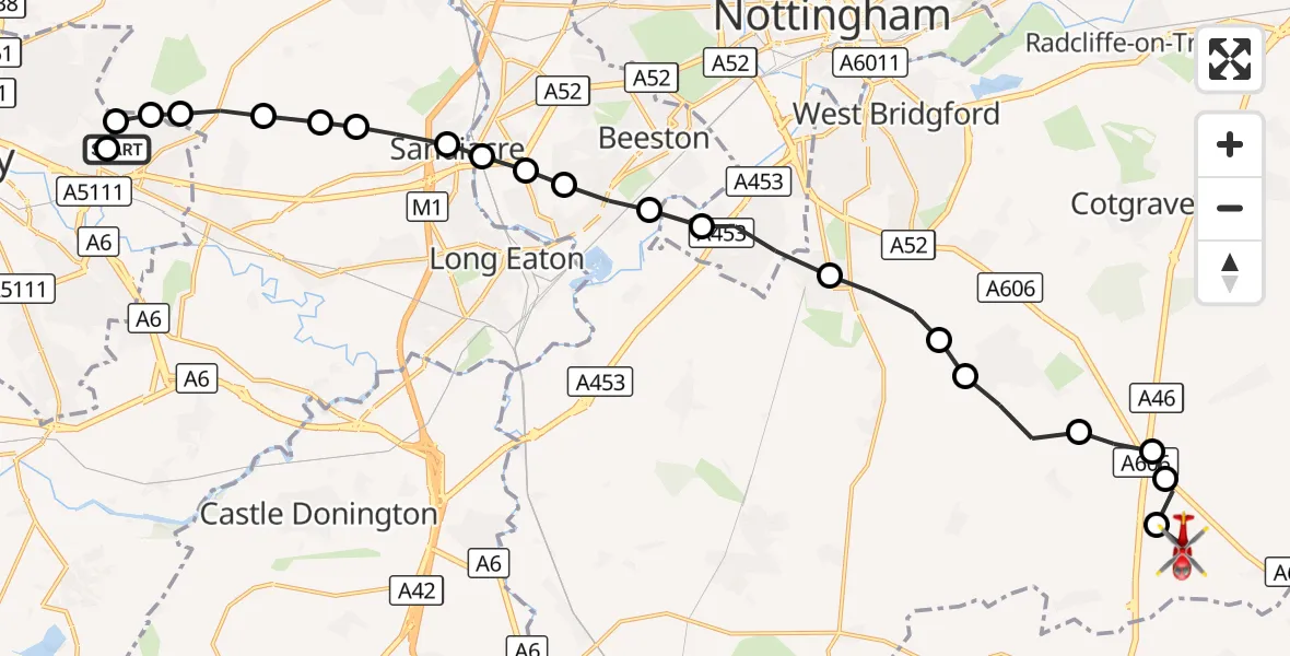 Flight route Air Ambulance Helicopter Spondon - Hickling, 07 October 2026, 16:07